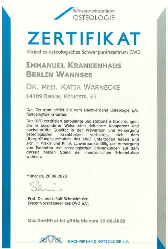 Zertifikat Klinisches osteologisches Schwerpunktzentrum DVO - Immanuel Krankenhaus Berlin