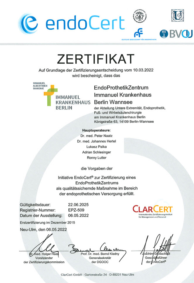 Zertifikat - EndoProthetikZentrum - Immanuel Krankenhaus Berlin