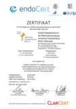 Zertifikat von endoCert mit Text, grafischen Logos und Unterschriften für das EndoProthetikZentrum der Maximalversorgung der Abteilung Untere Extremität, Endoprothetik, Fuß- und Wirbelsäulenchirurgie am Immanuel Krankenhaus Berlin in Berlin-Wannsee.