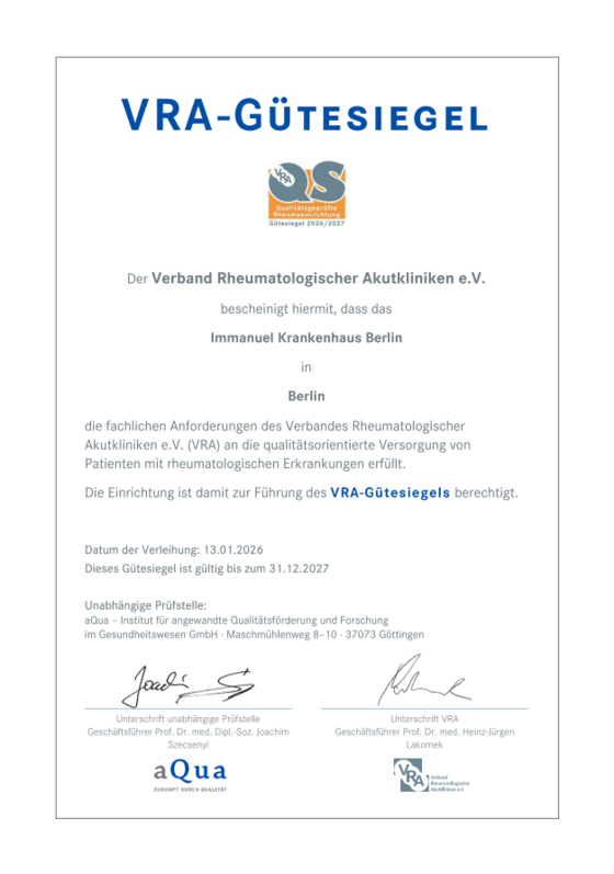Zertifikat VRA Rheumasiegel - Immanuel Krankenhaus Berlin