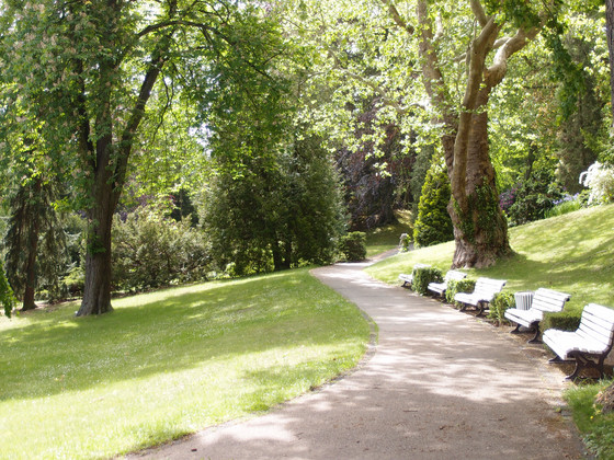 Auf dem Foto sieht man einen Park mit Sitzbänken Auf dem Foto sieht man einen Park mit Sitzbänken