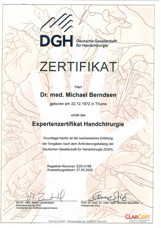 Zertifikat der Deutschen Gesellschaft für Handchirurgie (DHG) für Dr. med. Michael Berndsen als Experte für Handchirurgie