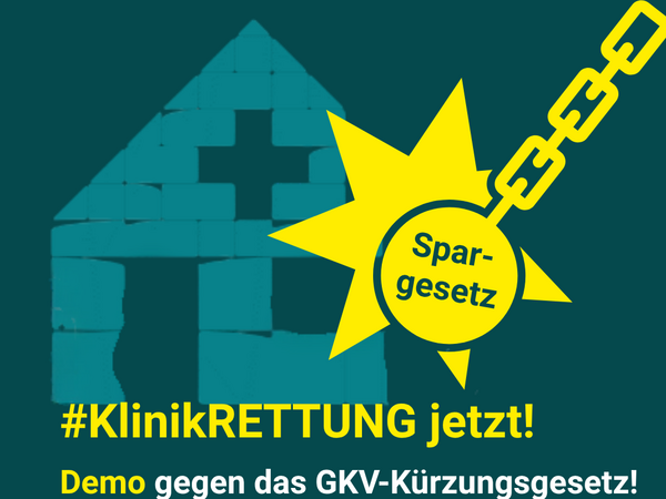 Eine Grafik auf grünem Untergrund informiert über eine Demo gegen dasb GKV-Kürzungsgesetz am 11. Junin 2026 