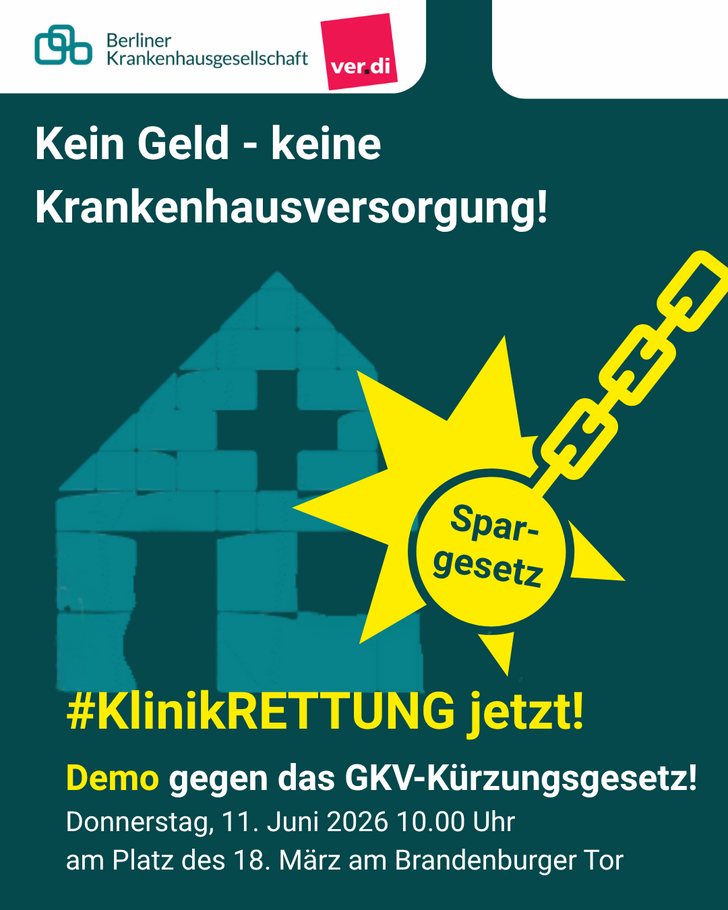 Eine Grafik auf grünem Untergrund informiert über eine Demo gegen dasb GKV-Kürzungsgesetz am 11. Junin 2026 Eine Grafik auf grünem Untergrund informiert über eine Demo gegen dasb GKV-Kürzungsgesetz am 11. Junin 2026