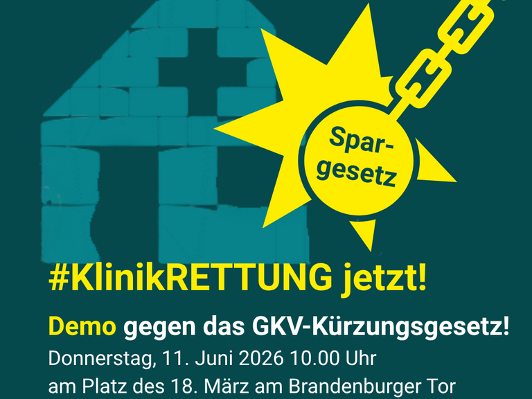 Eine Grafik auf grünem Untergrund informiert über eine Demo gegen dasb GKV-Kürzungsgesetz am 11. Junin 2026 