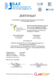 Zertifikat der D.A.F. Deutsche Assoziation für Fuß und Sprunggelenk e.V. mit Text, grafischen Logos und Unterschriften für das Zentrum der Maximalversorgung für Fuß- und Sprunggelenkchirurgie der Klinik für Orthopädie und Unfallchirugie am Immanuel Krankenhaus Berlin in Berlin-Wannsee.
