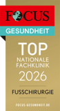 FOCUS-Siegel „TOP Nationale Fachklinik 2026 – Fußchirurgie“ FOCUS-Siegel „TOP Nationale Fachklinik 2026 – Fußchirurgie“