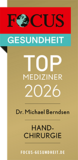 FOCUS-Siegel „TOP Mediziner 2026 – Handchirurgie“ für Dr. Michael Berndsen